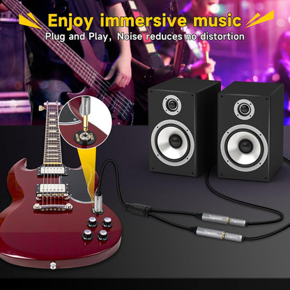 2-Pack 1/4 inch TS Mono Splitter Y Adapter, 6.35mm Mono Male to Dual 6.35 mm TS Mono Female Jack, Quarter inch Audio Speaker Splitter Converter Cable 1 Feet, Gold Plated Connectors