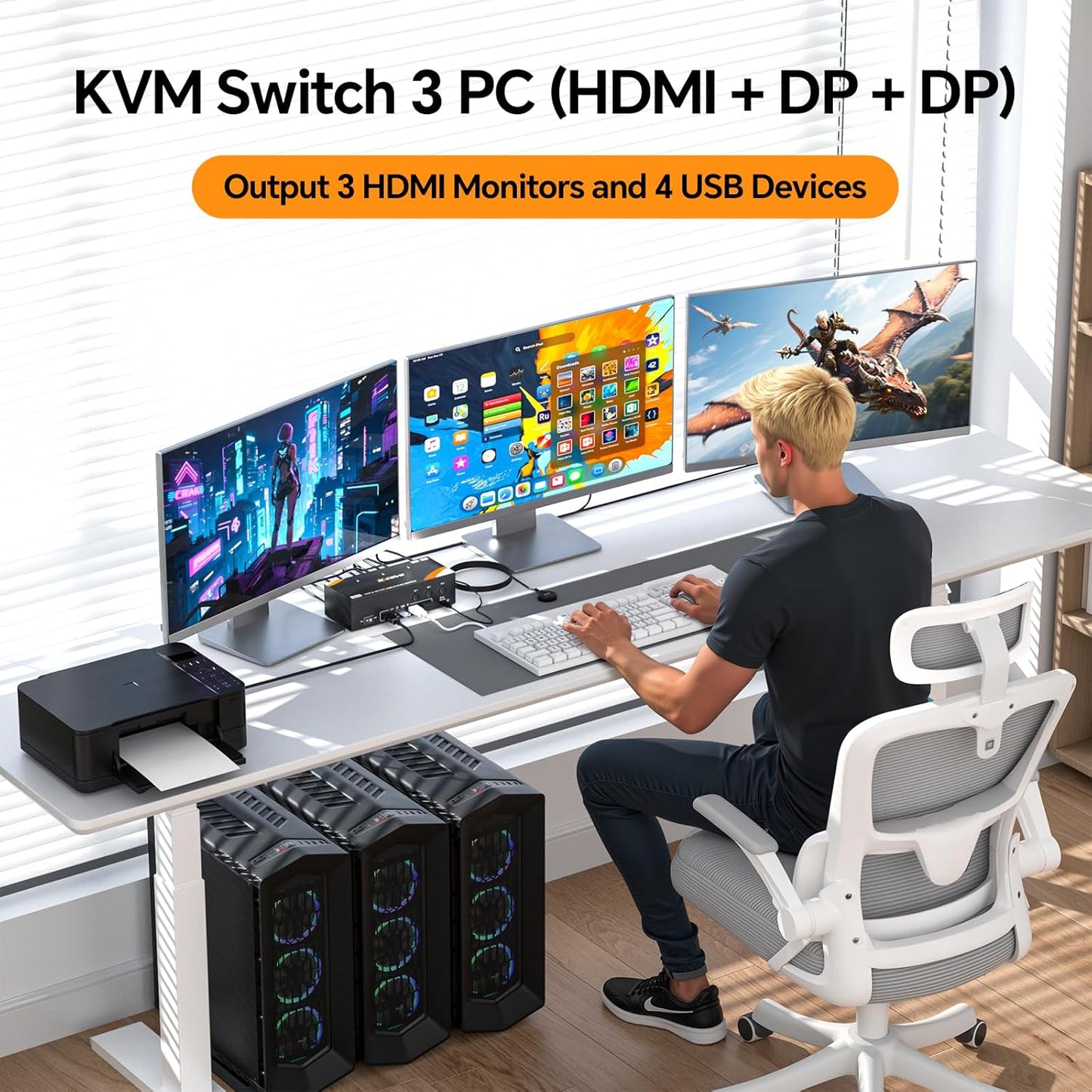 USB 3.0 KVM Switch 3 Monitors 3 Computers Displayport HDMI, Triple Monitor KVM Switch 8K@60Hz 4K@144Hz for 3 Computers Share Mouse Keyboard, Wired Remote and Power Adapter