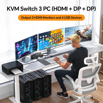 USB 3.0 KVM Switch 3 Monitors 3 Computers Displayport HDMI, Triple Monitor KVM Switch 8K@60Hz 4K@144Hz for 3 Computers Share Mouse Keyboard, Wired Remote and Power Adapter