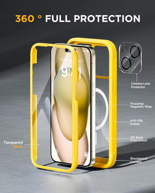 Miracase Glass Series for iPhone 15 Case [Compatible with MagSafe] Full-Body Magnetic Case with Built-in 9H Tempered Glass Anti-Fingerprint Screen Protector + Camera Lens Protector, Lemon Yellow