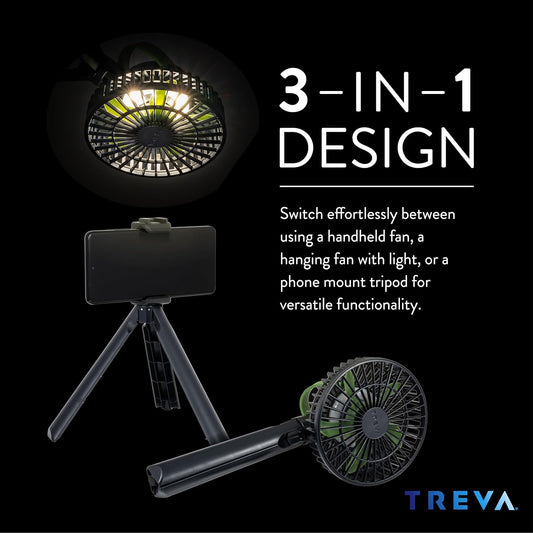 Treva 5 Inch Tripod Fan with Built-In Light and Attachable Phone Mount, Rechargeable 3-Speed Mini Fan with Handle for Travel, Camping, Outdoors