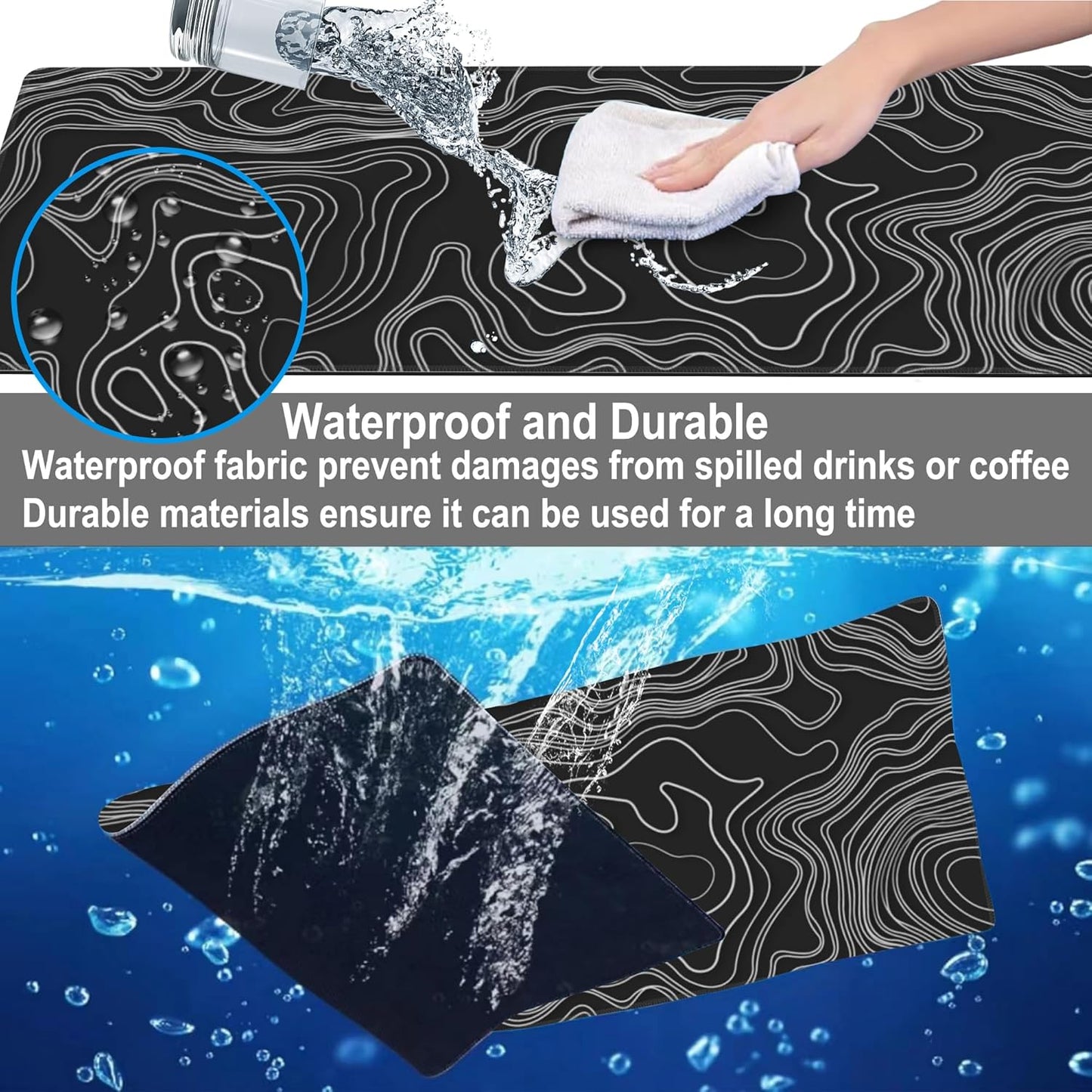 Mouse Pad, Large Mountain Topographic Terrain Map Desk Mat, Extended Non-Slip Gaming Keyboard Mousepad Desk Pad, Thick Stitched Edges Waterproof Mouse Mat 31.5"x15.7" (White Topographic Line Art)