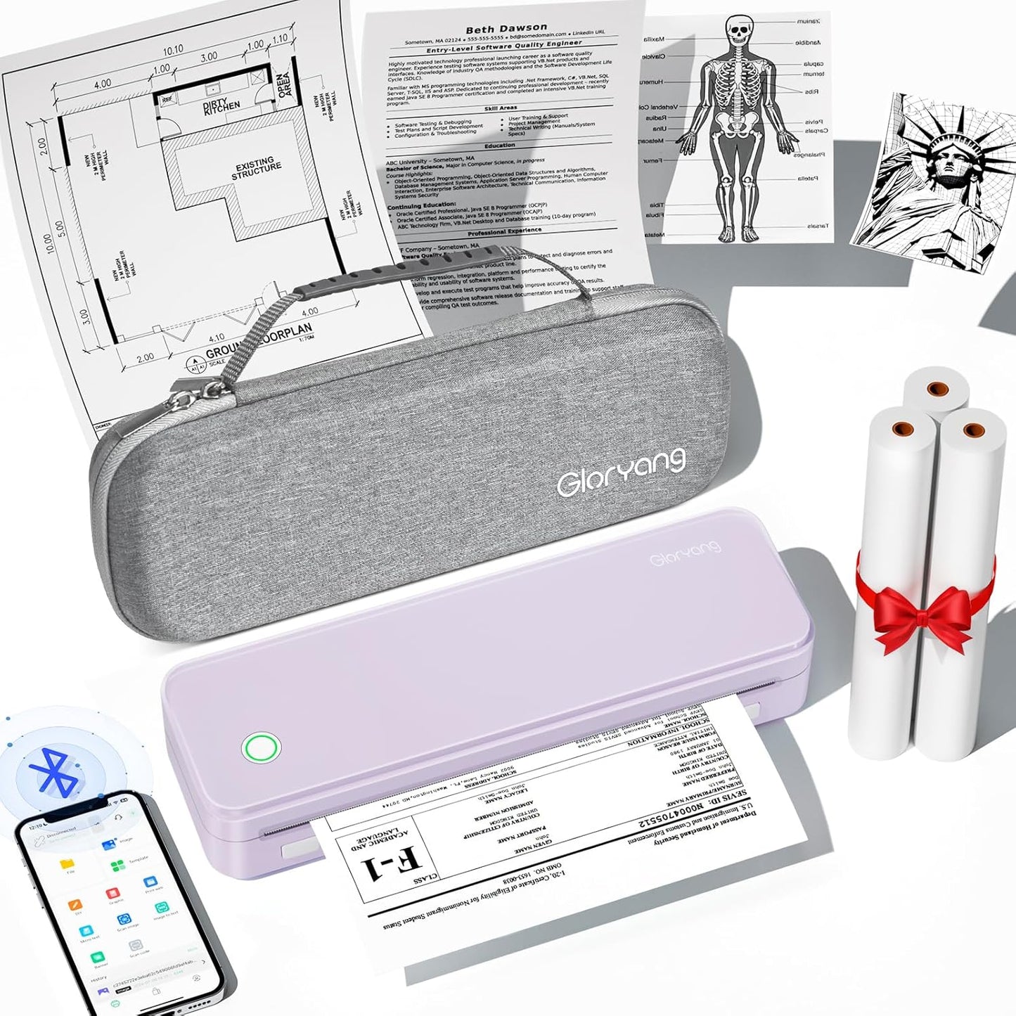 Inkless Portable Printer for Travel, Wireless Thermal Printer Supports 8.5 x 11 Inch US Letter Size, Bluetooth Machine Includes Carry Case and 3 Rolls of Thermal Paper Kit, Purple