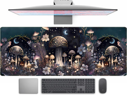 Cute Dark Mushroom Moon Night Mouse Pad XL Extended Gaming Mat with Stitched Edges, Computer Laptop Keyboard and Mouse Mat for Women Office Desk Decor, 31.5x11.8 in