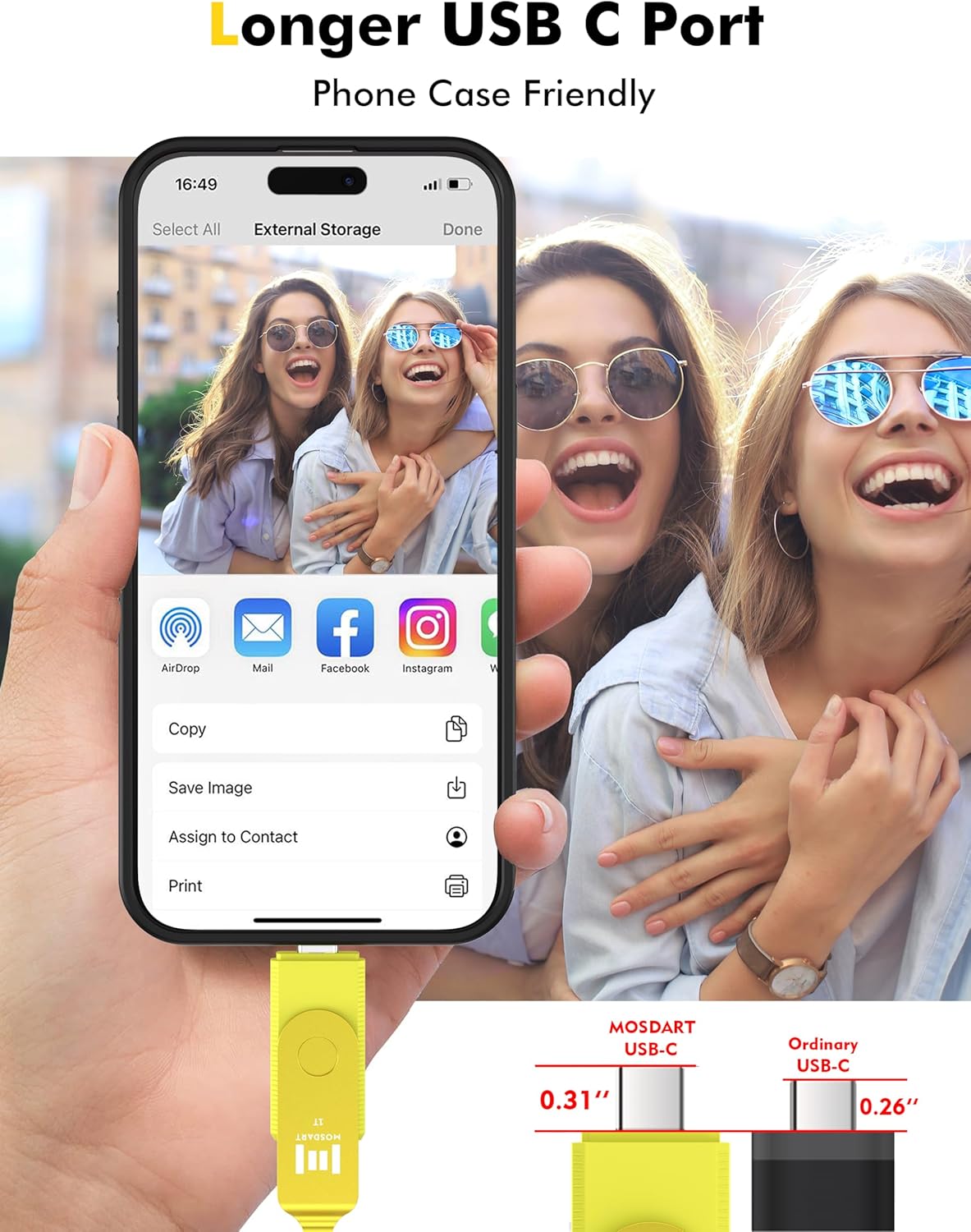 MOSDART 1TB USB3.1 Fast Speed C and A Dual Flash Drive, exFAT Memory Stick with Keychain and LED Indicator, for iPhone 15 and 16, Android Phone, iPad, MacBook, and Other Laptops,Yellow