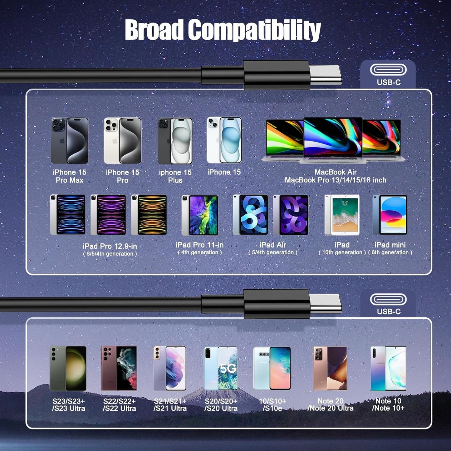 3-Pack Black [3.3FT+6.6FT+6.6FT] 60W USB C to USB C Cable, Type C Fast Charging Cable for iPhone 16 15 Pro Plus Pro Max，for Galaxy S24 S23, for iPad Pro/Air, for MacBook Pro/Air and More