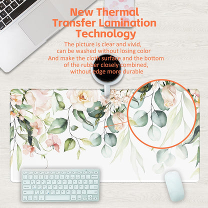 Desk Mat, Watercolor Pink Flowers Desk Pad, Green Leaves Flowers Large Gaming Mouse Pad for Desk, 31.5"x15.7" Extended Big Computer Keyboard Mouse Pad with Non-Slip Base and Stitched Edge