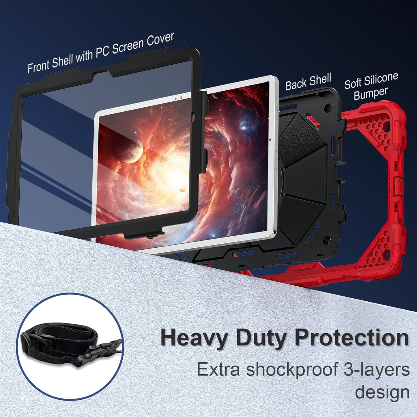 Scnoiy for Galaxy Tab A9 Plus Case 11 Inch, Rugged Case for Samsung Galaxy A9+ Tablet Case with Screen Protector 360 Rotating Stand Shoulder Strap Pen Holder, 2023 Model(SM-X210/X216/218), Red Black
