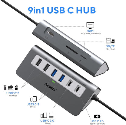 USB C Hub Multiport Adapter,Mosirui 9-in-1 USB-C Docking Station with 4K HDMI,5Gbps Type C 3.0,USB-A3.0/2.0,100W PD, SD/TF for MacBook/Pro iPad/Dell/HP/Desktop/Laptops(50CM)