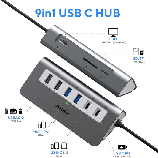 USB C Hub Multiport Adapter,Mosirui 9-in-1 USB-C Docking Station with 4K HDMI,5Gbps Type C 3.0,USB-A3.0/2.0,100W PD, SD/TF for MacBook/Pro iPad/Dell/HP/Desktop/Laptops(50CM)