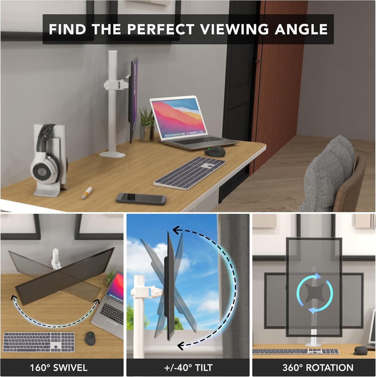 Mount-It! White Single Monitor Stand – Adjustable Desk Arm for Computer Screens – VESA Compatible Holder Up to 32" 19.8 lbs – 360° Rotation, 160° Swivel, 40° Tilt – Space-Saving Clamp & Grommet Base