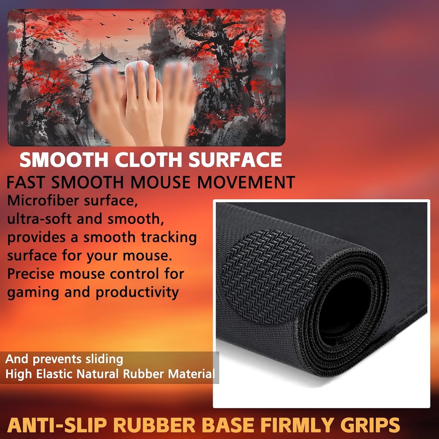 Desk Mat, Red Landscape Painting Desk Pad, Ink Painting Large Gaming Mouse Pad for Desk, 31.5"x15.7" Extended Big Computer Keyboard Mouse Pad with Non-Slip Base and Stitched Edge