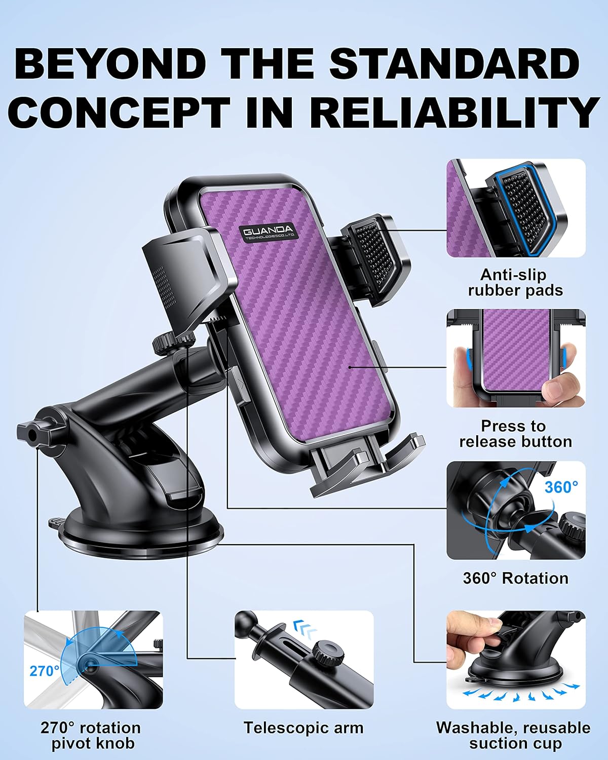 Universal Car Phone Holder for Dashboard Windshield, Hands Free Phone Mount for Car, Automobile Cradles Desk Phone Holder Stand with Suction Cup for iPhone, Samsung, LG and All Android Smart Phones