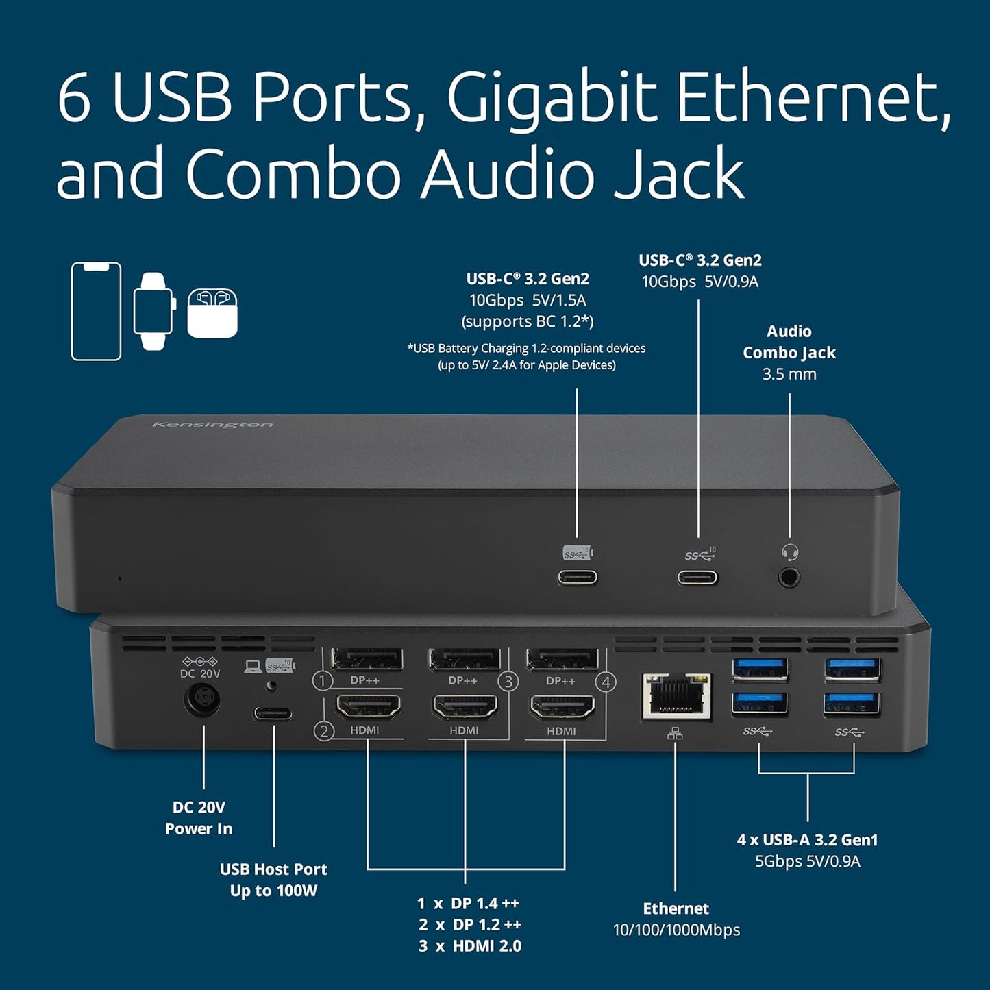Kensington DisplayLink 4K Docking Station, Triple 4K for MacBook Pro/Air M1/M2/M3/M4, 14ports, 3xHDMI/3xDisplayPort,4xUSB A,2xUSB C 3.2, Ethernet, Audio, 100W PD (K33621NA)