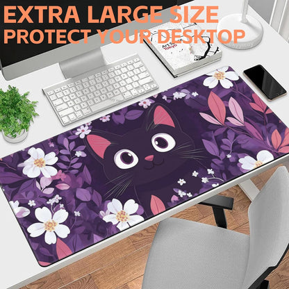 Mouse Pad Large Cat Hiding in The Floral Non-Slip Game Desk Mat with Stitched Edge Laptop Keyboard Desk Pad for Work Home Gaming (35.4 x 15.7 Inches)
