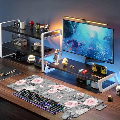 Pink Roses Desk Mat,Large Spring Blooming Flowers and Leaves Gaming Keyboard Mouse Pad,Non-Slip Rubber Base Desk Pad Thick Stitched Edges Waterproof Mousepad Mouse Mat 31.5"x11.8"