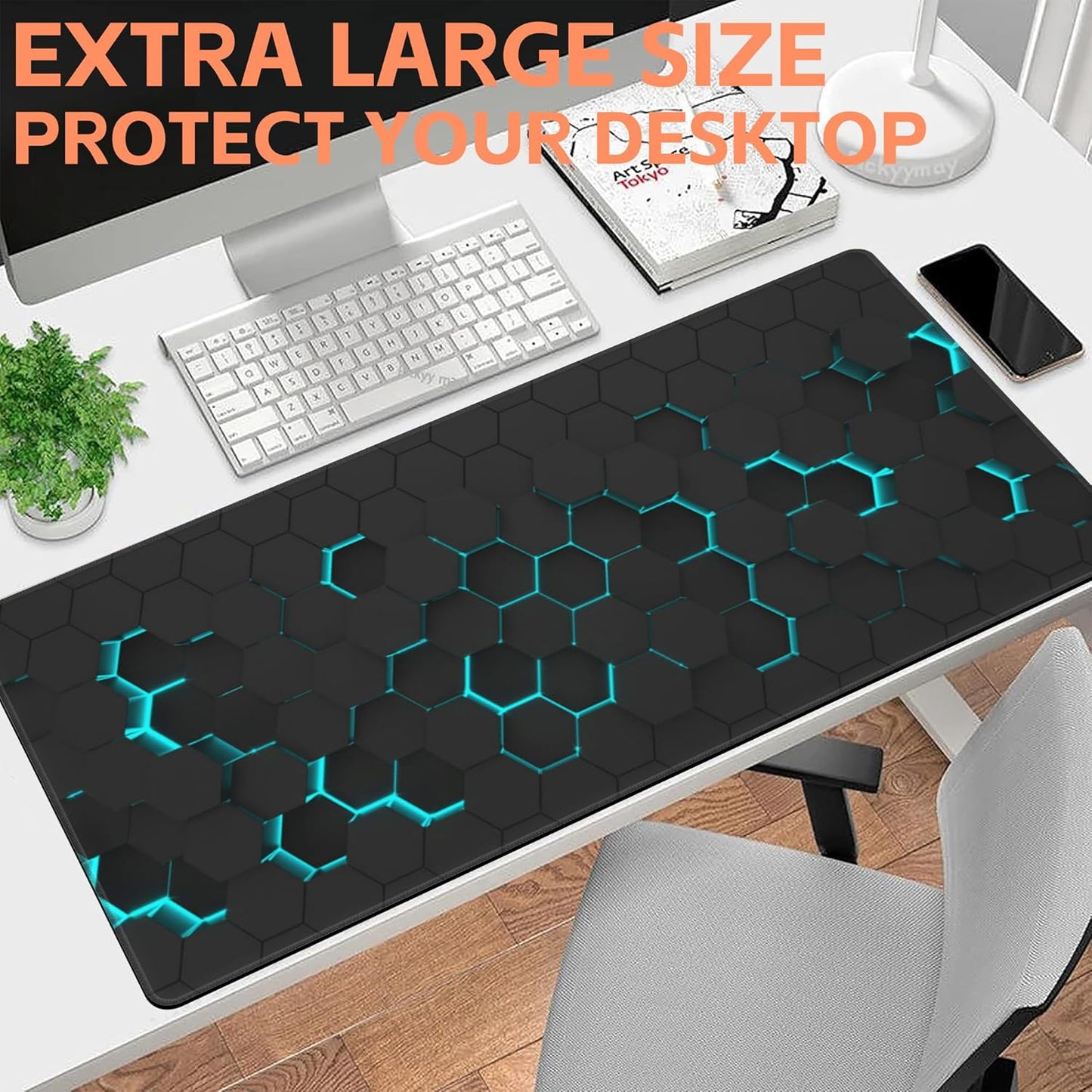 Mouse Pad Large Abstract Hexagonal Neon Non-Slip Game Desk Mat with Stitched Edge Laptop Keyboard Desk Pad for Work Home Gaming (35.4 x 15.7 Inches)