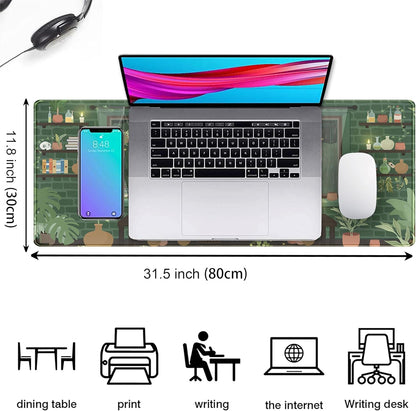 Kawaii Rainy Night Desk Mat Green Plants Gaming Mouse Pad XL, Aesthetic Anime Black Cat Desk Pad Laptop Computer Keyboard Mouse Mat, Desktop Decor Accessories for Girl Women Office 31.5"x11.8"