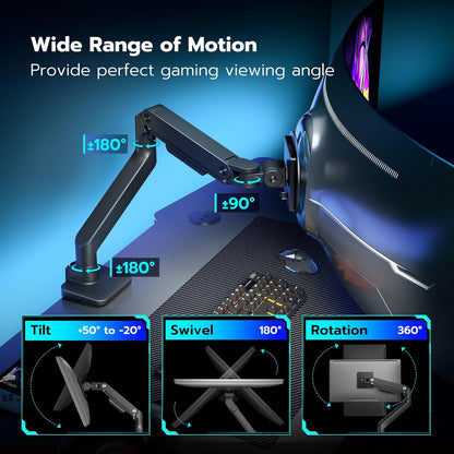 ARES WING Ultrawide Monitor Arm with USB A/C, for 17 to 49 inch Heavy Duty Screen, Holds 44 lbs, Adjustable Gas Spring Arm Desk Mount with Clamp and Grommet Base, Black