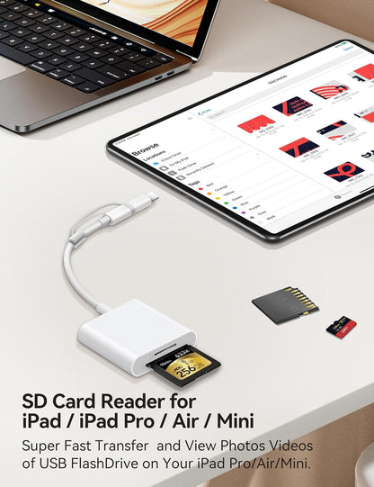 SD Card Reader for iPhone, SD Card Adapter with Lightening & USBC Dual-Connector for iPhone 5-14, USB-C iPhone 15, iPad, Mac or MacBook, Supports SD MicroSD Trail Camera Viewer, Plug and Play