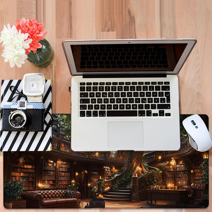 Large Mouse Pad Old Library Gaming Desk Pad Computer Keyboard Non-Slip Waterproof Mouse Mat with Rubber Base and Stitched Edges Entertainment Office Writing Desk Mat 35.4 x 15.7 Inches