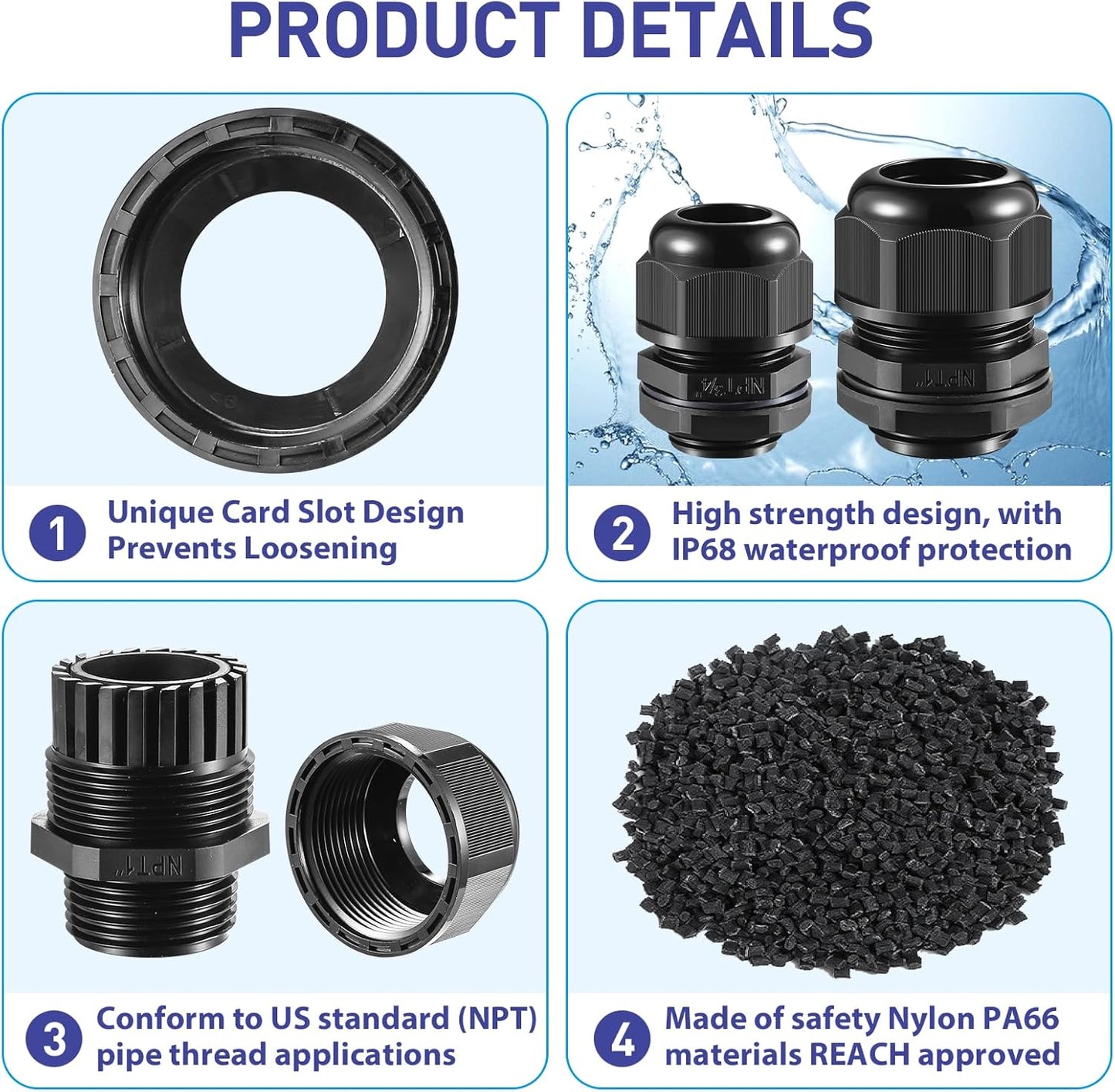 10 PCS 1/4"(4-8mm) NPT Nylon Cable Gland Joints with Gaskets, IP68 Adjustable Lock Nut Strain Relief Cord Grip Waterproof Cable Glands - UL Listed and RoHS Compliant