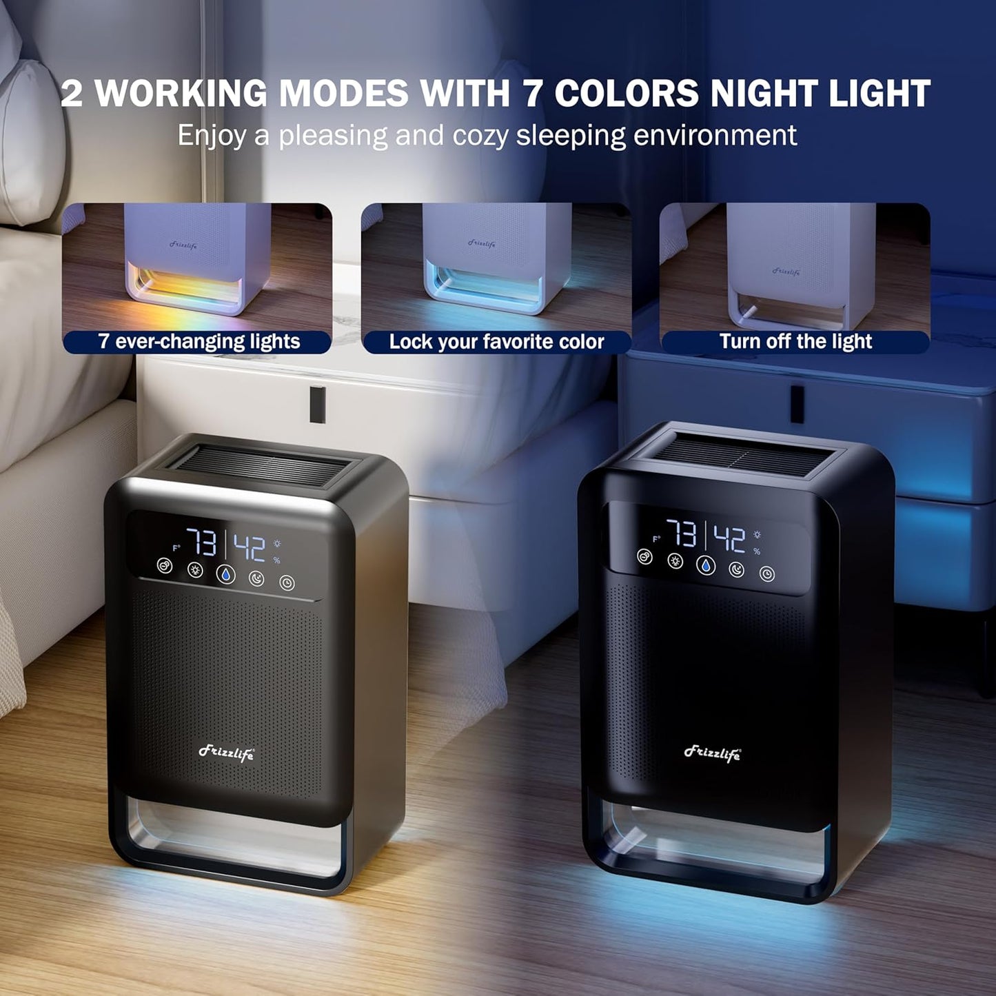 Frizzlife Air Dehumidifier, 135oz Water Tank W/Purifying Function, Quiet Small Dehumidifiers With Sleep Mode For Home, Bedroom, Bathroom, Basement W/Auto Shut Off, 7 Colors LED Light, Black