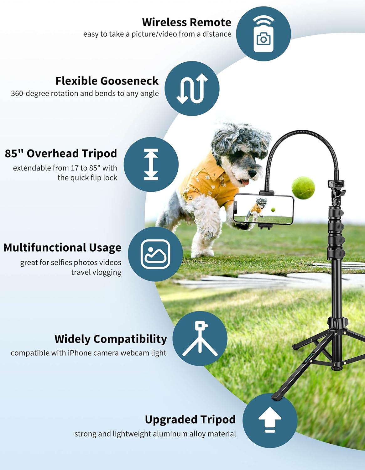 Phone Tripod, 85" Tripod for Cell Phone iPhone with Gooseneck, Aluminum Tripods Stand for Video Recording Photo Vlog, Travel Cellphone Tripod with Remote Compatible with iPhone Android