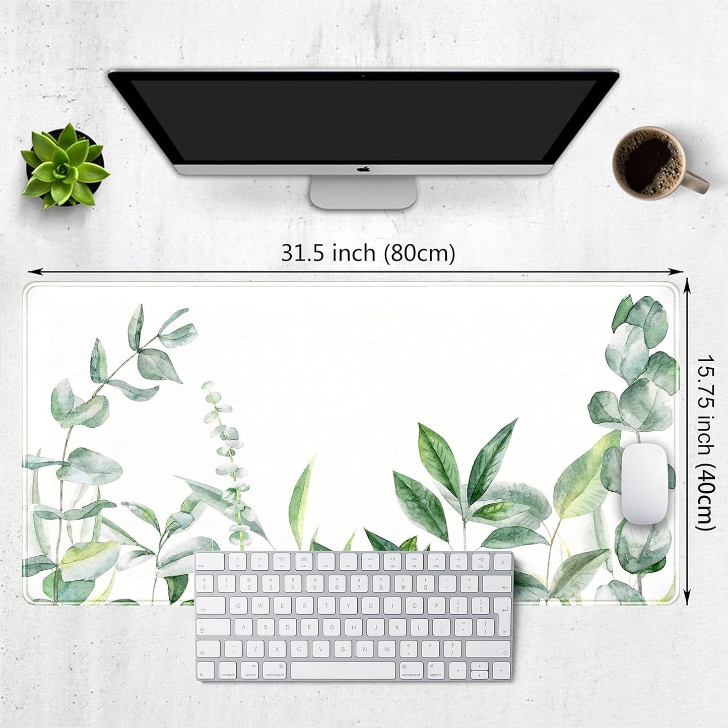Eucalyptus Leaves Large Mouse Pad Green Plants Extended Gaming Mousepad, Leaf Desk Mat with Stitched Edges XXL Size (31.5x15.75 Inchs), Wireless Mouse Keyboard Mat for Desktop Laptop, Game, Office