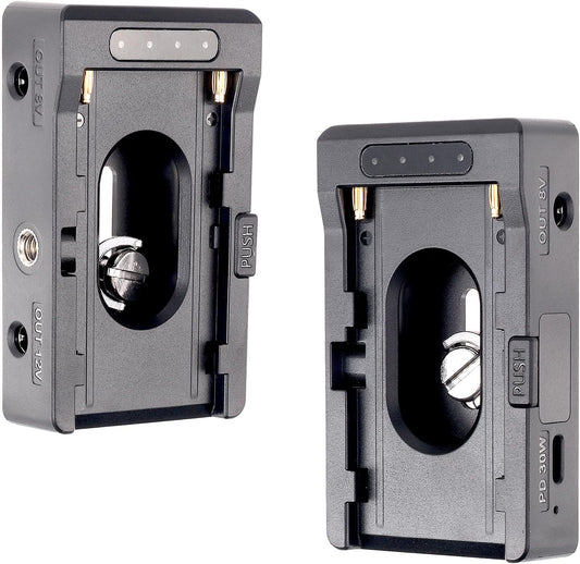 Foto4easy NP-F Battery Power Plate for NP-F970 NP-F960 NP-F770 NP-F550 NP-F570,DC 8V 12V USB-C Outputs 1/4" Cold Shoe Mount