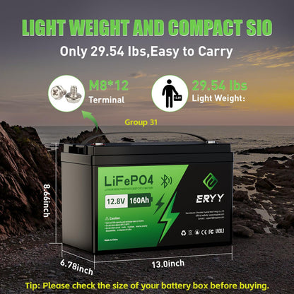 12V 160Ah Lifepo4 Battery (Group 31), 12V Lithium Battery 160Ah, 2048Wh Energy & Upgraded 100A BMS, 5000+ Rechargeable Deep Cycle Marine Battery for RV, Boat, Solar System, Off-Grid, Camper