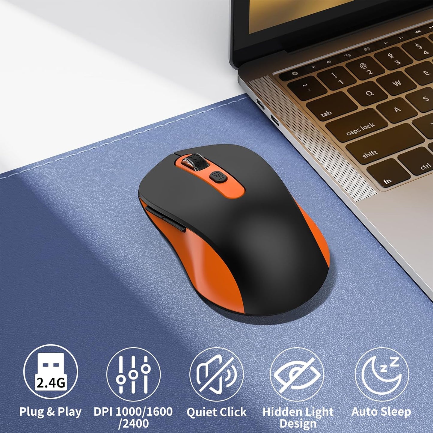 Wireless Mouse for Laptop, PC, Chromebook, Mac, MacBook, Silent Mouse with USB Nano Receiver, Side Button, 2400 DPI, Anti Slip Roller, 6 Button Ergonomics Cordless Computer Mice - Black Orange