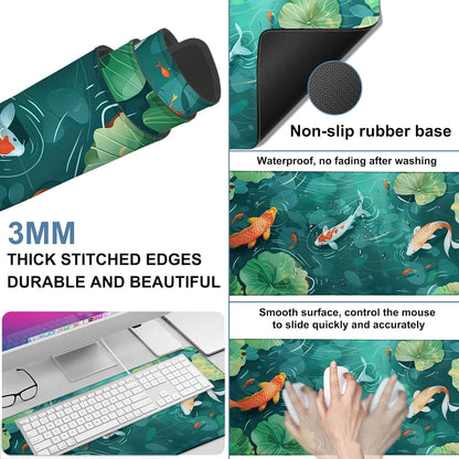 Colorful Koi Fish Gaming Mouse Pad 3mm Thick Stitched Edge Waterproof Non-Slip Large Computer Keyboard Mouse Mat,Suitable for Office Entertainment Decorative Desk Pad 35.4 x 15.7 Inches