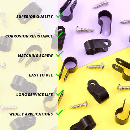 Swpeet 120 Pack Black 1/2 Inch Nylon Plastic R-Type Cable Clips Clamp Kit, Nylon Screw Mounting Cord Fastener Clips with 120 Pack Screws for Wire Management (1/2 Inch, Black)