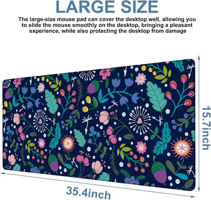 Gaming Desk Pad Large Extra Length Beautiful Floral Mouse Pad Keyboard Laptop Non-Slip Waterproof with Rubber Base Thick Stitched Edge Mouse Mat for Office Home 35.4 x 15.7 Inches