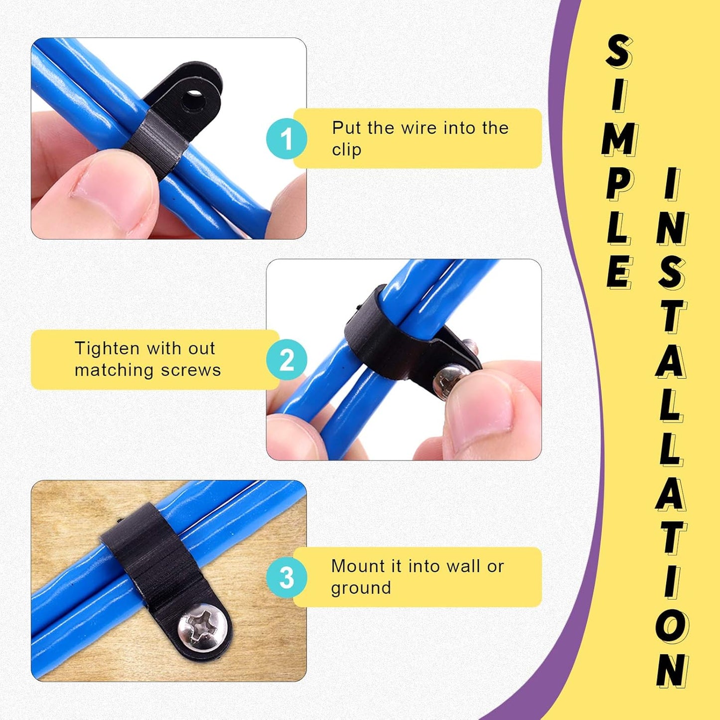 Swpeet 120 Pack Black 3/8 Inch Nylon Plastic R-Type Cable Clips Clamp Kit, Nylon Screw Mounting Cord Fastener Clips with 120 Pack Screws for Wire Management (3/8 Inch, Black)