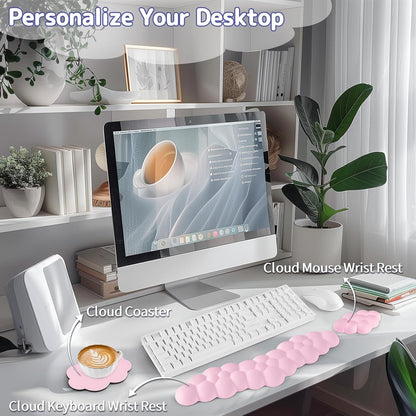 Cloud Wrist Rest for Keyboard and Mouse, Memory Foam PU Leather Keyboard Wrist Rest with Ergonomic Support, Non-Slip Base, Cute Arm Rest Pad & Palm Cushion, Office Desk Accessory, Pink