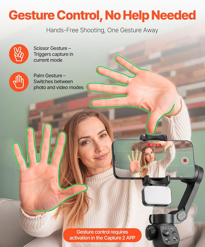 VEVOR Gimbal Stabilizer for Smartphone, 3-Axis Stabilization, Phone Gimbal for Android & iPhone with Magnetic Fill Light, Face Tracking, Gesture Control, Phone Stabilizer for Video Recording Vlogging