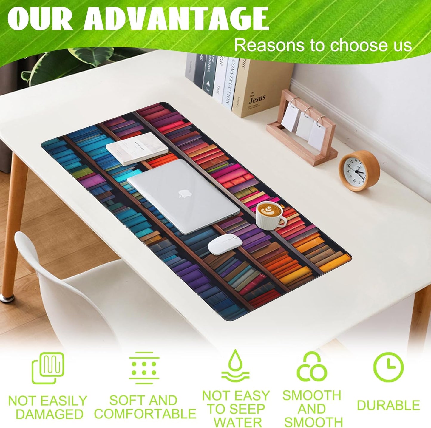 Large Gaming Mouse Pad for Desk,Bookshelves Full of Books Desk Mat,Colorful Books Desk Pad,Extended Big Computer Keyboard Mouse Pad with Non-Slip Base and Stitched Edge,35.4"x15.7"