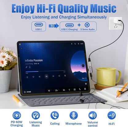 USB C to 3.5mm Aux Headphone and Charger Adapter Splitter, 2 in 1 USB Type C Male to Aux Audio Jack with PD 60W Fast Charge Port for iPhone 15 Pro Max, Galaxy S24/23 Ultra, iPad Pro, Pixel 8