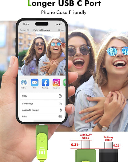 MOSDART 256GB USB3.1 Fast Speed C and A Dual Flash Drive, exFAT Memory Stick with Keychain and LED Indicator, for iPhone 15 and 16, Android Phone, iPad, MacBook, and Other Laptops, Green