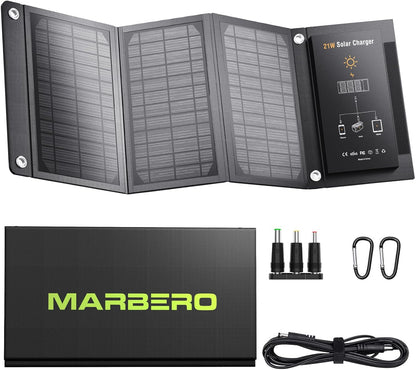 MARBERO 21W Portable Solar Panel Foldable Solar Panel Charger IP65 Waterproof Solar Panels 23% High Efficiency Fast Charger USB Ports & DC 18V Output for Camping Outdoor Travel Emergency Cloudy