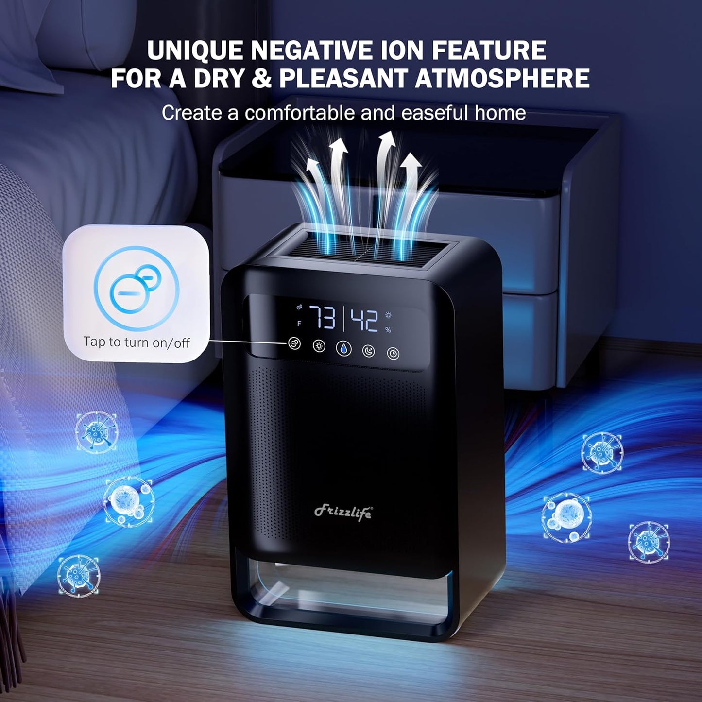 Frizzlife Air Dehumidifier, 135oz Water Tank W/Purifying Function, Quiet Small Dehumidifiers With Sleep Mode For Home, Bedroom, Bathroom, Basement W/Auto Shut Off, 7 Colors LED Light, Black