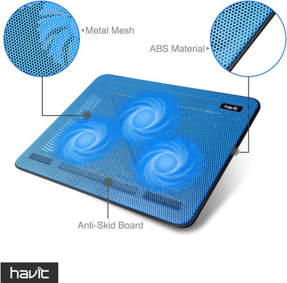 Havit HV-F2056 15.6-17 Inch Laptop Cooler Cooling Pad - Slim Portable USB Powered (3 Fans) (Blue)