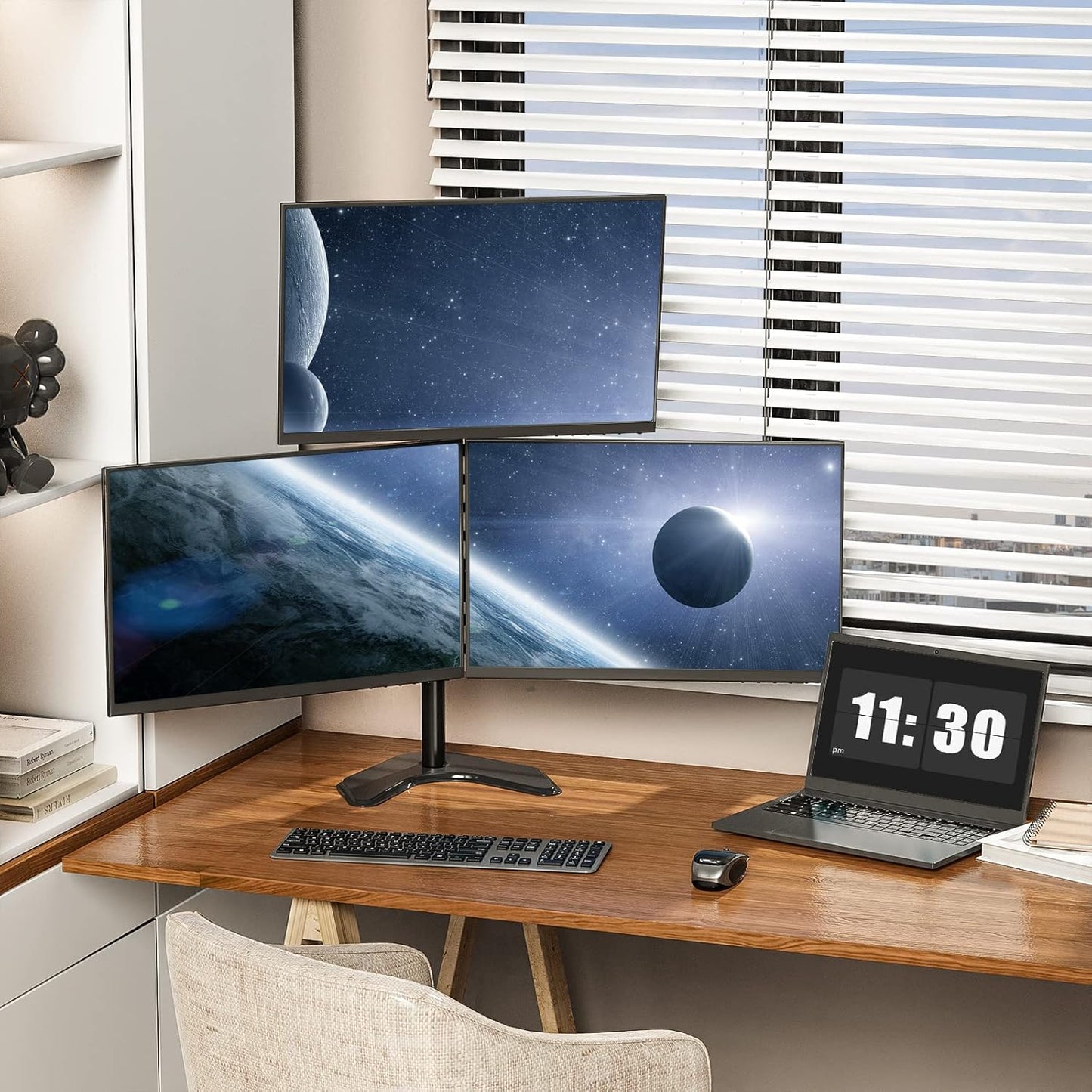 WALI Triple Monitor Stand, Free Standing Three Monitor Desk Mount Fully Adjustable, Fits 3 Screens up to 27 inch, 22 lbs Weight Capacity per Arm (MF003S), Black