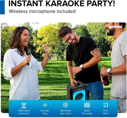 Gemini 200W Portable Bluetooth Party Speaker with Dual 6.5" Woofers, LED Lights, Wireless Mic, 9Hr Battery Play Time, TWS Pairing & USB Playback (GGO-2650L)