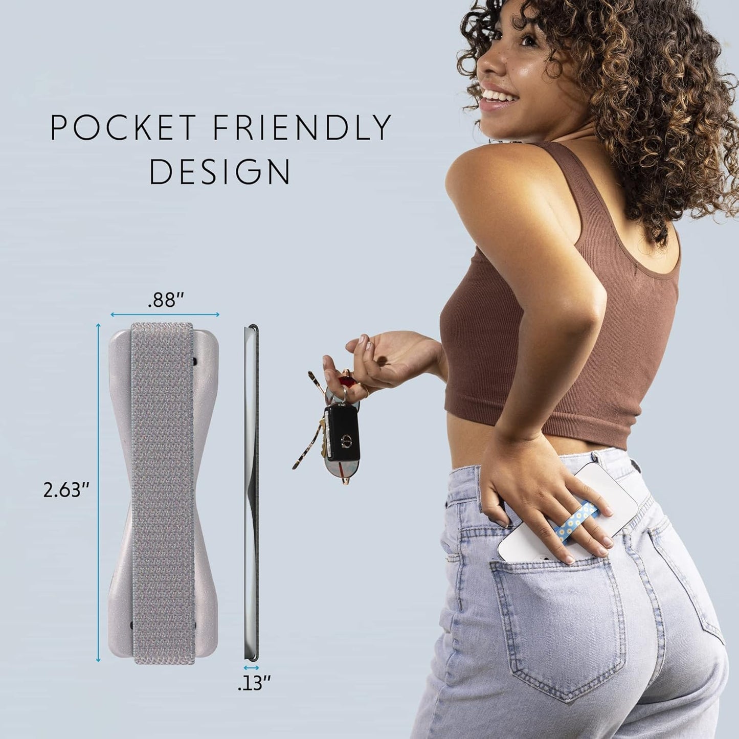 LOVEHANDLE Universal Phone Grip for Smartphones & Mini Tablets - Phone Holder for Hand - Wireless Charging Compatible - Made in The USA - Solid Silver