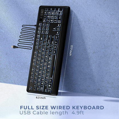 Large Print Backlit Keyboard, USB Wired Computer Keyboard, Full Size Keyboard with White Illuminated LED Compatible for Windows Desktop, Laptop, PC, Gaming, Black