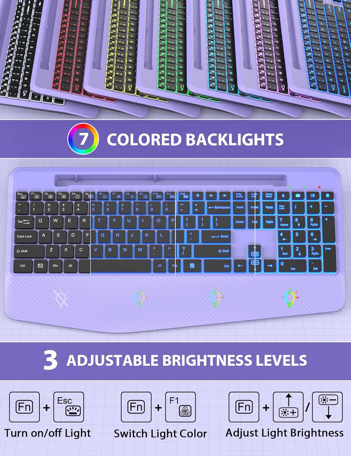Wireless Keyboard and Mouse Backlits, Wrist Rest, LED Mouse, Rechargeable Ergonomic Keyboard with Phone Holder, Silent Light Up Combo for Computer, Mac, PC, Laptop, Chromebook (Purple)
