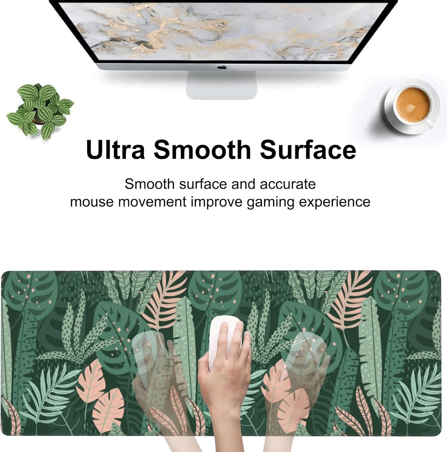 Tropical Plants and Leaves Desk Mat,Large Tropical Palm Leaves Gaming Keyboard Mouse Pad,Non-Slip Rubber Base Desk Pad Thick Stitched Edges Waterproof Mousepad Mouse Mat 31.5"x11.8"